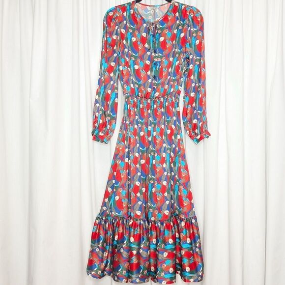 Tucker Juliette Dress Deco Parrot in Silk Stretch Charmeuse Bird Print Midi - Picture 2 of 9